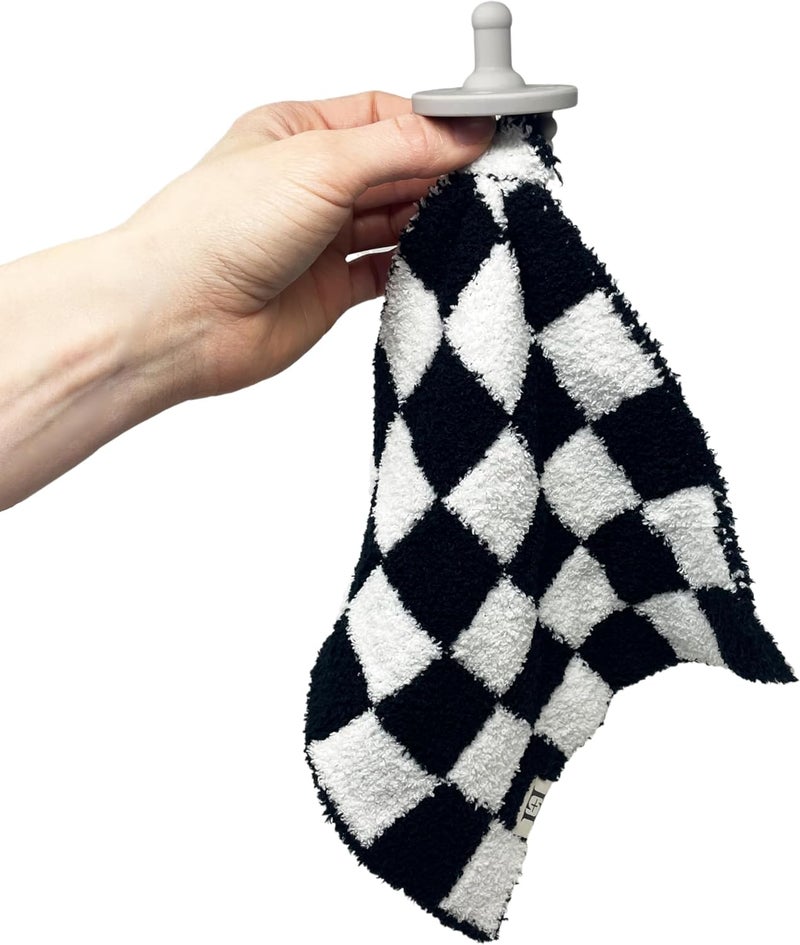 Leaps + Legends L+L USA Checkered Baby Lovey Pacifier/Teether Holder 10"x10" - DreamSoft Plush Fluffy Cuddly Soothie Reversible Mini Comfort Blanket - Cute Newborn Gift Essential Babies Boys Girls (Black/White) - Image 2